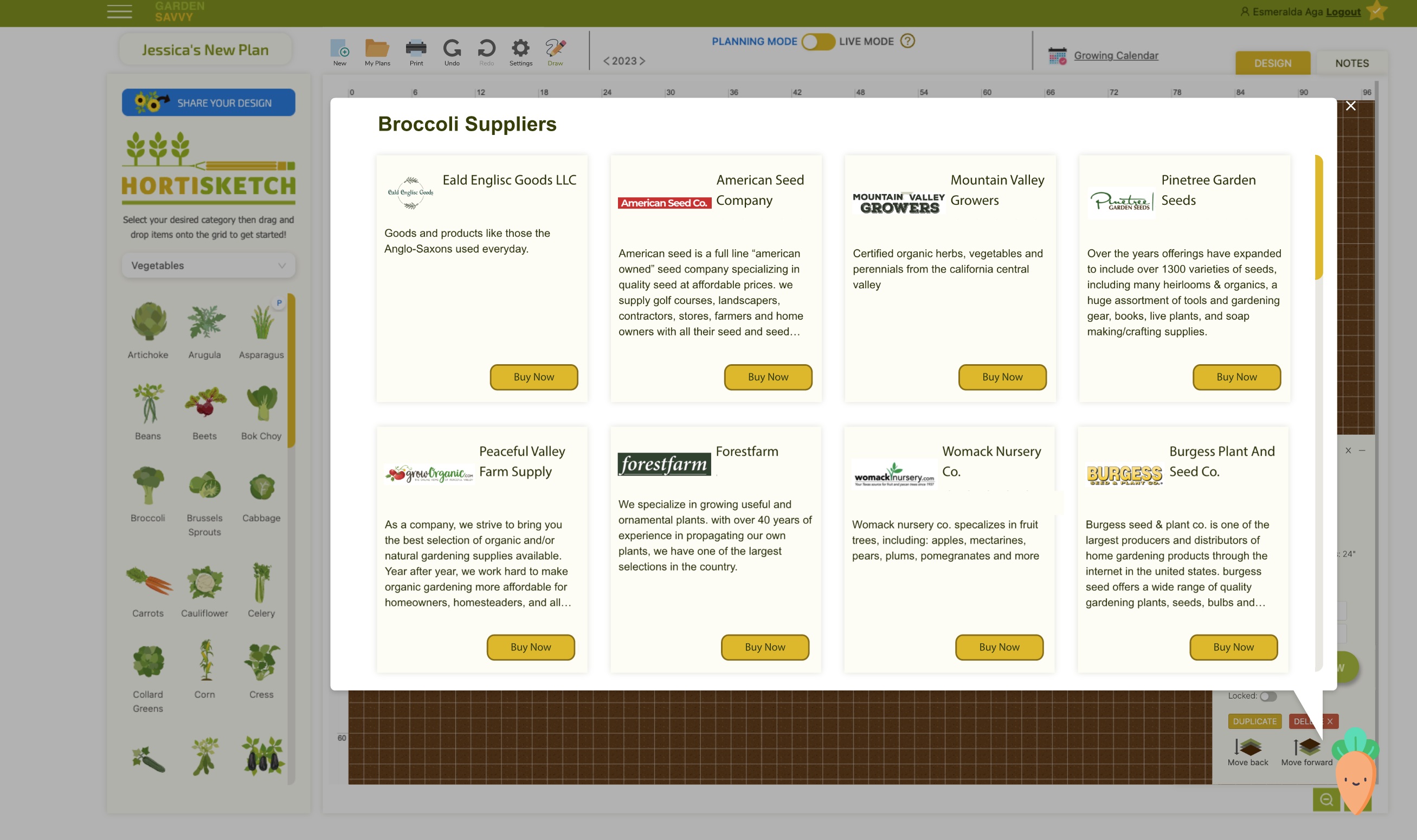 Hortisketch user interface - the suppliers window